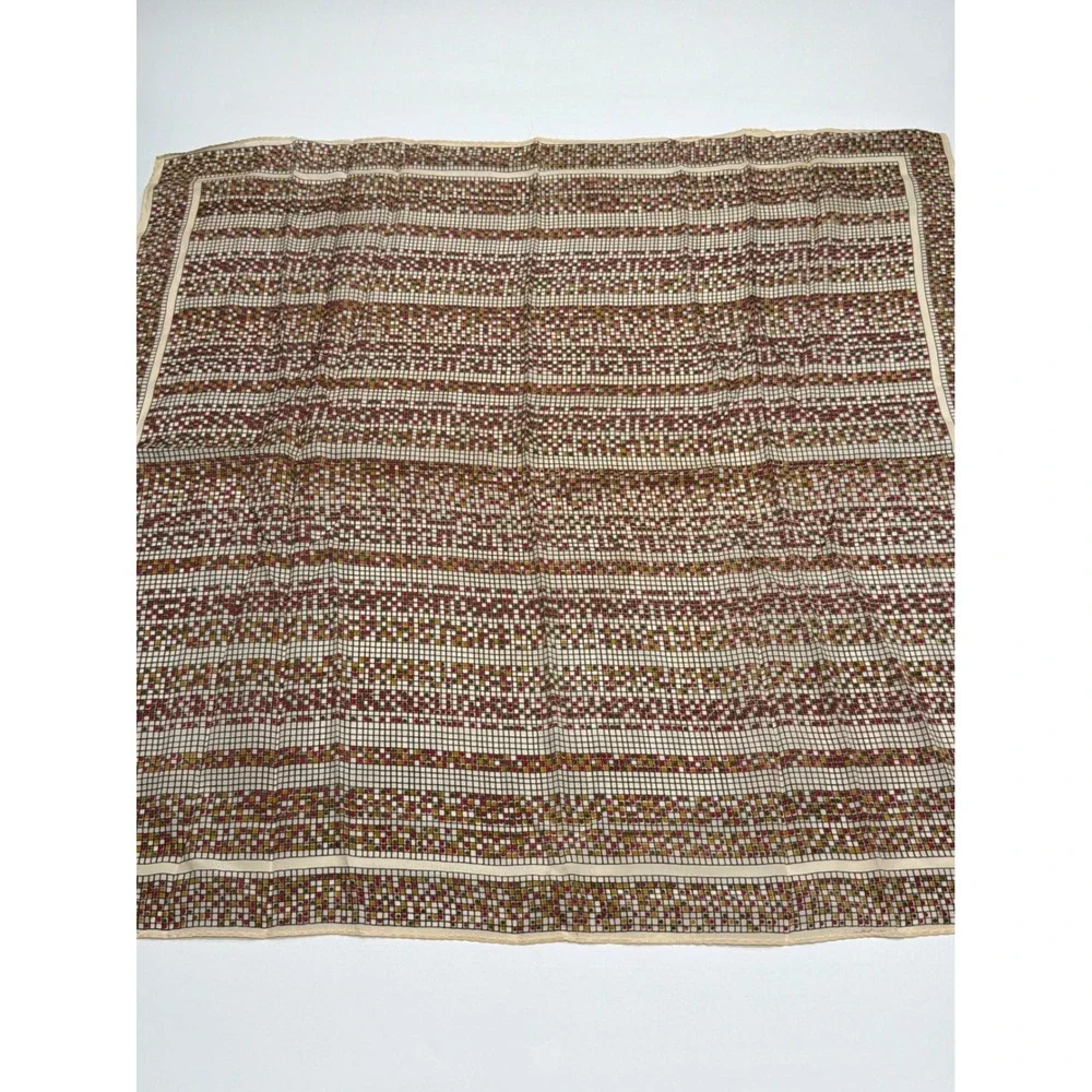 Vintage Square Silk Scarf Geometric Grid‎ Dot Pattern Cream Burgundy 26 Inch